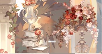 book book_stack commentary cup flower highres liulianjingrua no_humans original pink_flower plant red_flower solo symbol-only_commentary teacup teapot vase white_flower