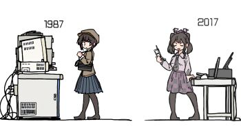 2girls :/ bag black_bag black_hair black_pantyhose black_skirt blue_skirt bow brown_hat brown_jacket cable cellphone checkered_clothes checkered_skirt closed_eyes closed_mouth commentary_request computer dot_nose double-parted_bangs flat_cap gray_necktie grey_shirt hat highres himekaidou_hatate holding holding_phone jacket kasuya_baian laptop long_sleeves looking_back medium_hair monitor multiple_girls open_mouth pantyhose phone pleated_skirt printer purple_bow purple_hat purple_skirt raised_inner_eyebrows red_eyes shaded_face shameimaru_aya shameimaru_aya_(newsboy) shirt short_hair shoulder_bag simple_background skirt table tie_clip tokin_hat touhou turning_head twintails walking white_background white_shirt