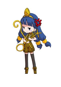 Rule 34 | 1girl, alphes (style), anger vein, black thighhighs, blue eyes, blue hair, blunt bangs, boots, brown boots, brown shirt, brown shorts, chibi, chibi only, closed mouth, collared shirt, commentary request, dairi, earrings, facial mark, fold-over boots, full body, hair bobbles, hair ornament, half-closed eyes, holding, holding staff, jewelry, key earrings, large variant set, long hair, michigami nareko, parody, shirt, short sleeves, shorts, simple background, solo, sphere hair ornament, staff, standing, style parody, tachi-e, thighhighs, touhou, transparent background, triangle, triangle facial mark, variant set