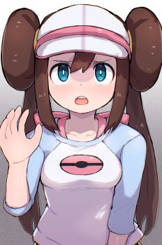 1girl :o aqua_eyes breasts bright_pupils brown_hair collarbone commentary_request double_bun grey_background hair_bun hand_up hat highres hypnosis kutabireta_neko long_hair mind_control nintendo open_mouth pokemon pokemon_bw2 raglan_sleeves rosa_(pokemon) shadow shirt sidelocks solo teeth three-quarter_sleeves twintails upper_body upper_teeth_only visor_cap white_hat white_pupils