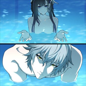 1boy 1girl aperson4189923 caelus_(honkai:_star_rail) highres honkai:_star_rail honkai_(series) hysilens_(honkai:_star_rail) i&#039;ll_teach_you_everything_(chainsaw_man) implied_nudity in_water movie_reference open_hands parody partially_submerged pool scene_reference skinny_dipping trailblazer_(honkai:_star_rail) water wet