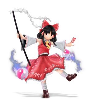 3d absurdres ascot black_hair bow brown_eyes brown_shoes commentary detached_sleeves english_commentary epic_spread frilled_hair_tubes frilled_shirt_collar frilled_skirt frills ggalactigal gohei hair_bow hair_tubes highres holding light_blush long_hair nintendo nontraditional_miko ofuda orb parody parted_bangs paw_print paw_print_pattern red_bow red_shirt red_skirt shadow shirt shoes sidelocks skirt skirt_set smile socks solo standing standing_on_one_leg style_parody super_smash_bros. touhou transparent_background white_sleeves wide_sleeves wily_beast_and_weakest_creature yellow_ascot yin_yang yin_yang_orb zun_(style)