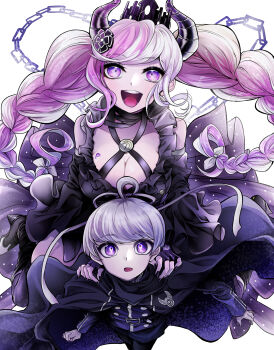 1boy 1girl :d absurdres ahoge black_cape black_dress black_footwear black_horns black_nails blue_jacket braid breasts cape chain cleavage crown dress fingerless_gloves gloves hair_ornament high_heels highres horns jacket large_breasts long_hair long_sleeves looking_at_viewer master_detective_archives:_rain_code multicolored_cape multicolored_hair murasaki_(deceive138) nail_polish open_mouth pink_eyes pink_hair purple_eyes purple_hair shinigami_(rain_code) short_hair smile teeth twin_braids upper_teeth_only yuma_kokohead