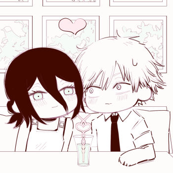 1boy 1girl apron bendy_straw blush chainsaw_man chibi chibi_only closed_mouth collared_shirt cup deer60868637 denji_(chainsaw_man) drink drinking_straw green_eyes heart hetero limited_palette necktie reze_(chainsaw_man) shirt sitting sleeves_rolled_up table window
