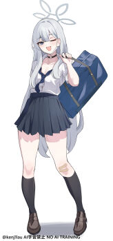 1girl absurdres alternate_hair_length_(longer) artist_name bag bandaid bandaid_on_knee bandaid_on_leg black_choker black_socks blue_archive blue_necktie blue_skirt breasts choker cleavage commentary_request full_body grey_eyes grey_hair grey_halo gyaru halo highres kneehighs konoka_(blue_archive) korean_commentary kurochomo loafers long_hair loose_necktie miniskirt necktie one_eye_closed open_mouth partially_open_shirt pleated_skirt school_bag school_uniform shoes simple_background skirt sleeve_rolled_up smile socks solo standing very_long_hair white_background