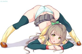 Rule 34 | 1girl, absurdres, ass, female focus, full body, green ribbon, hair ribbon, highres, jack-o' challenge, linatai, long hair, looking at viewer, love live!, love live! school idol project, minami kotori, open mouth, panties, ribbon, simple background, skirt, solo, striped clothes, striped panties, top-down bottom-up, underwear, white background