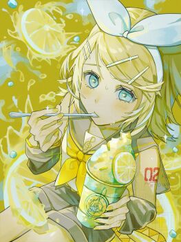 1girl arm_tattoo blonde_hair blue_eyes blush detached_sleeves food from_above fruit grey_sailor_collar grey_shorts grey_sleeves hair_ornament hairband hairclip highres holding holding_spoon kagamine_rin lemon lemon_slice looking_at_viewer medium_hair neckerchief number_tattoo sailor_collar shaved_ice shirt shorts sitting sleeveless sleeveless_shirt solo sparkle spoon sweat swept_bangs tattoo towa_towa_riku upper_body vocaloid white_hairband yellow_neckerchief
