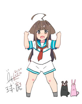 Rule 34 | 1girl, absurdres, ahoge, aqua sailor collar, bear, blush, brown eyes, brown hair, character name, dated, grey footwear, hair intakes, highres, inica, kantai collection, kuma (kancolle), long hair, neckerchief, one-hour drawing challenge, open mouth, rabbit, red neckerchief, sailor collar, school uniform, serafuku, shirt, shorts, signature, white background, white shirt, white shorts