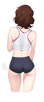 1girl absurdres ass ass_focus bare_shoulders blue_buruma brown_hair buruma commentary crop_top cropped_legs facing_away from_behind gym_uniform hibike!_euphonium highres lie_lack1080 midriff oumae_kumiko panties panties_under_buruma panty_peek shirt short_hair simple_background sleeveless sleeveless_shirt solo speech_bubble translation_request underwear white_background white_shirt