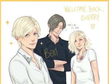 Rule 34 | 1boy, 2girls, bandaged torso, beard stubble, black shirt, blonde hair, blue eyes, bluue hour, breasts, bruise, bruise on neck, closed eyes, collared shirt, crossed arms, english text, facial hair, grace ashcroft, highres, injury, leon s. kennedy, medium breasts, multiple girls, parted bangs, resident evil, resident evil requiem, sherry birkin, shirt, short hair, smile, sparkle, stubble, t-shirt, upper body, white background, white shirt