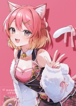 1girl :d animal_ear_fluff animal_ear_piercing animal_ears artist_name artist_self-insert beads bell blonde_hair breasts cat_ears cat_girl cat_tail cleavage coat commentary_request double-parted_bangs fang fur_coat grey_eyes hand_up heart heart-shaped_bell highres indie_virtual_youtuber jingle_bell looking_at_viewer momoshiki_(vtuber) momoshiki_tsubaki multicolored_hair neck_bell open_mouth pink_background pink_hair pink_nails pink_ribbon ribbon short_hair smile solo tail teeth upper_body upper_teeth_only v virtual_youtuber watermark white_coat white_tail