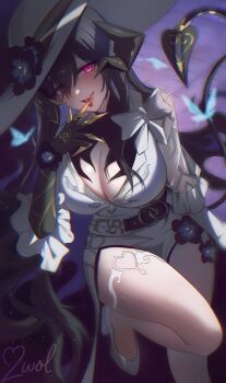 1girl 2wol0207_february absurdres asymmetrical_gloves belt black_flower black_hair blush bow breasts cleavage colored_inner_hair constance_(honkai:_star_rail) demon_horns demon_tail dress finger_to_mouth flower gloves hashtag-only_commentary hat high_heels highres honkai:_star_rail honkai_(series) horns large_breasts mismatched_gloves mole mole_under_eye multicolored_hair red_eyes saliva sun_hat tail thigh_strap thighs tongue tongue_out white_dress