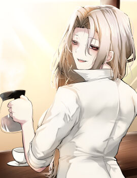 1girl blonde_hair carmilla_(fate) coffee_pot counter cup fate/grand_order fate_(series) highres long_hair looking_at_viewer messy_hair parted_bangs red_eyes shirt smile tgxx3300 white_shirt