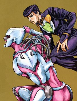 1boy 1other absurdres anchor_ornament araki_hirohiko_(style) blue_eyes bracelet brooch coat commentary_request crazy_diamond diamond_wa_kudakenai earrings faux_traditional_media gakuran green_shirt hatching_(texture) heart heart_brooch higashikata_josuke high_collar highres incoming_attack jewelry jojo_no_kimyou_na_bouken kaib0y long_sleeves open_mouth orange_lips other_focus pants parted_lips peace_symbol pompadour purple_coat purple_hair purple_pants school_uniform shirt spikes stand_(jojo) stud_earrings teeth tube yellow_background