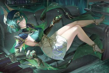 1girl arm_support armpits black_gloves breasts claw_ring claws couch elbow_gloves eye_tattoo gem genshin_impact gloves green_eyes green_hair headpiece high_heels holding holding_gem libero_art light_particles mark_under_eye medium_breasts nefer_(genshin_impact) on_couch phonograph short_hair sideboob sitting sitting_sideways skirt smile solo tattoo usekh_collar white_skirt