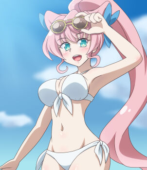1girl armpits bikini blush breasts cleavage green_eyes hair_between_eyes hair_ornament highres large_breasts long_hair looking_at_viewer maria_cadenzavna_eve navel open_mouth pink_hair ponytail senki_zesshou_symphogear smile solo sunglasses swimsuit very_long_hair white_bikini yosuzu