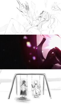 2girls commentary elysia_(honkai_impact) elysia_(miss_pink_elf)_(honkai_impact) from_behind hair_ornament highres honkai_(series) honkai_impact_3rd long_hair mi_(27782900) multiple_girls partially_colored raiden_mei raiden_mei_(danzai_spectramancer) stab swing_set sword thumbnail_collage weapon