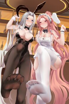 2girls :> absurdres alternate_costume animal_ears apron azur_lane bar_(place) black_leotard black_pantyhose blue_eyes blush breasts cleavage commentary_request enmaided fake_animal_ears foot_focus garter_straps grey_hair high_ponytail highres lace lace-trimmed_thighhighs lace_trim large_breasts leotard lexington_(azur_lane) lexington_ii_(azur_lane) lexington_ii_(the_fluffiest_of_maids)_(azur_lane) long_hair maid maid_apron multiple_girls official_alternate_costume pantyhose parted_lips pink_eyes pink_hair playboy_bunny ponytail pov_stomped qiangz rabbit_ears thighhighs very_long_hair white_garter_straps white_thighhighs yorktown_(azur_lane) yorktown_ii_(an_evening's_companionship)_(azur_lane) yorktown_ii_(azur_lane)