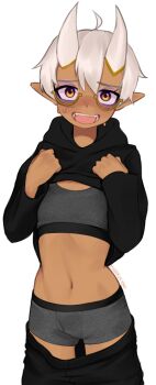 1girl ahoge bags_under_eyes black_hoodie black_pants borrowed_character boyshort_panties brown_eyes clothes_lift clothes_pull female_focus flat_chest glasses highres hood hoodie hoodie_lift horns lifting_own_clothes looking_at_viewer navel nervous_smile open_mouth original pants pants_pull pointy_ears round_eyewear semi-rimless_eyewear short_hair simple_background smile solo sports_bra stomach sweat sweatpants white_background white_hair yoako