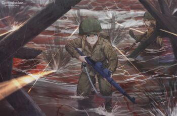 1st_infantry_division_(us_army) 2girls absurdres alternate_costume artist_name backpack bag battle beach blonde_hair blue_eyes boots breasts brown_boots brown_hair brown_jacket brown_pants character_request combat_helmet commentary commission commissioner_name czech_hedgehog d-day dirty dirty_face english_commentary finger_on_trigger gun gun_sling hair_between_eyes helmet highres holding holding_gun holding_weapon intrepid_(kancolle) invasion_of_normandy jacket kantai_collection kepincox large_breasts long_hair long_sleeves m1_garand m1_helmet military military_combat_uniform military_jacket military_rank_insignia military_uniform multiple_girls one_eye_closed open_mouth outdoors pants patch ponytail projectile_trail rifle running short_hair sitting soldier splashing unit_patch united_states_army war water weapon wet wet_clothes world_war_ii