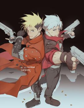 2boys blonde_hair blue_eyes boots bullet coat dante_(devil_may_cry) devil_may_cry_(netflix) devil_may_cry_(series) dual_wielding earrings ebony_&amp;_ivory fingerless_gloves gloves gun handgun highres holding jewelry long_coat mole mole_under_eye multiple_boys prosthesis prosthetic_arm red_coat revolver shesdeny short_hair single_earring trigun undercut vash_the_stampede weapon white_hair