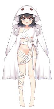 1girl absurdres barefoot black_hair bottomless bow commission full_body ghost_costume ghost_hair_ornament grey_eyes halloween_costume highres light_blush long_sleeves looking_at_viewer navel open_mouth original petite ribbon short_hair simple_background sleeves_past_fingers sleeves_past_wrists smile solo stomach tachi-e tian_yang toes watermark watermark_grid white_background white_bow white_ribbon