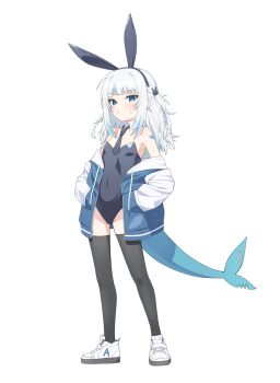 Rule 34 | 1girl, absurdres, alternate costume, animal ears, black leotard, black necktie, black thighhighs, blue eyes, blue streaks, blunt bangs, blush, carrot print, detached collar, fake animal ears, fins, fish tail, food print, full body, gawr gura, groin, hair ornament, hands in pockets, heart, heart tattoo, highres, hololive, hololive english, hood, hoodie, jacket, leotard, long hair, long sidelocks, multicolored hair, multicolored jacket, necktie, nike air force 1, parted lips, playboy bunny, ponytail, rabbit hair ornament, shark girl, shark hair ornament, shark tail, sidelocks, solo, strapless, strapless leotard, streaked hair, sweatdrop, tail, tattoo, thighhighs, two-tone jacket, ugaaaa1, virtual youtuber, white background, white hair, white hoodie