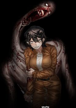 1girl absurdres arnanra artist_name behind_another belt black_background black_hair blood blood_on_arm blood_on_face bloody_knife breast_pocket breasts clenched_teeth collared_jumpsuit cowboy_shot dark extra_teeth freckles hair_between_eyes hand_on_wound highres holding holding_knife holding_own_arm horror_(theme) hunched_over injury jumpsuit knife large_breasts long_neck looking_at_viewer monster orange_jumpsuit original pocket raised_inner_eyebrows scared shirt short_hair signature sweat teeth white_eyes white_mouth white_shirt yellow_eyes