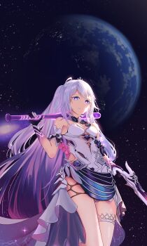 1girl absurdres ahoge alternate_breast_size_(smaller) baseball_bat blue_eyes breasts capybara_(trafficcone09) commentary diamond-shaped_pupils diamond_(shape) dress earth_(planet) gradient_hair gun highres holding holding_baseball_bat holding_gun holding_weapon honkai_(series) honkai_impact_3rd kiana_kaslana kiana_kaslana_(herrscher_of_finality) multicolored_hair planet purple_hair purple_hands small_breasts solo space symbol-shaped_pupils thigh_strap thighs tiara two-tone_hair weapon white_dress white_hair