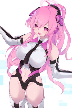 1girl bare_shoulders bemani blush breasts cait_aron elbow_gloves gloves headphones large_breasts long_hair looking_at_viewer navel open_mouth pink_eyes pink_hair rasis simple_background smile solo sound_voltex stomach thighhighs thighs white_background white_gloves white_thighhighs