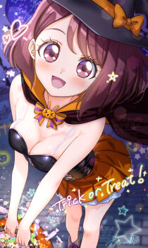 1girl absurdres breasts brick_floor brown_eyes brown_hair candy cape food hair_ornament halloween halloween_costume hanadera_nodoka hat healin&#039;_good_precure highres jack-o&#039;-lantern kakikakilemon looking_at_viewer night open_mouth outdoors precure shirt short_hair small_breasts smile solo strapless strapless_shirt witch_hat