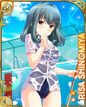 1girl bare_arms bare_legs bare_shoulders barefoot breasts brown_eyes card_(medium) character_name cleavage closed_mouth collarbone competition_swimsuit day female_focus girlfriend_(kari) green_hair official_art one-piece_swimsuit outdoors pool poolside qp:flapper shinomiya_risa shirt sky smile standing swimsuit tagme wet wet_clothes wet_shirt wet_swimsuit white_shirt