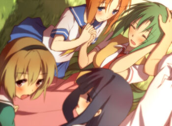 1boy 4girls amazuki_jou blonde_hair blue_hair blurry blush closed_eyes depth_of_field dutch_angle friends furude_rika grass green_hair hand_on_another&#039;s_head happy higurashi_no_naku_koro_ni holding_hands houjou_satoko interlocked_fingers long_hair looking_back maebara_keiichi multiple_girls no_naku_koro_ni_(series) orange_hair profile ryukishi07 ryuuguu_rena school_uniform serafuku shadow short_hair short_sleeves sonozaki_mion