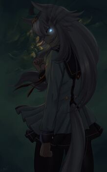 1girl absurdres ahoge animal_ears black_leggings blue_eyes blue_sailor_collar blue_skirt brooch clenched_hand closed_mouth from_behind frown glowing glowing_eyes grey_hair grey_tail hair_between_eyes hair_ornament hairband highres horse_ears horse_girl horse_tail jacket jewelry leggings long_hair long_sleeves looking_at_viewer looking_back multicolored_hair neckerchief oguri_cap_(starlight_beat)_(umamusume) oguri_cap_(umamusume) pleated_skirt ramnik5 red_neckerchief sailor_collar shirt skirt solo star_brooch tail umamusume white_jacket white_shirt