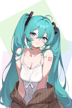 1girl absurdres ahoge aqua_eyes aqua_hair arm_tattoo bare_shoulders blush breasts brown_sweater camisole cleavage closed_mouth collarbone commentary_request hair_between_eyes hair_ornament hatsune_miku highres hongchajun long_hair looking_at_viewer medium_breasts mole mole_on_breast number_tattoo smile solo sweater tattoo twintails very_long_hair vocaloid white_camisole