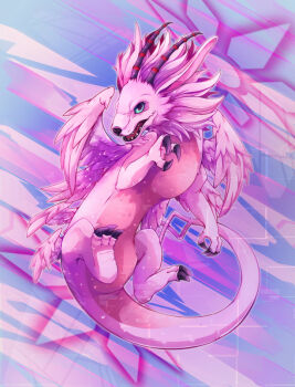 Rule 34 | abstract background, claws, digimon, digimon (creature), green eyes, holydramon, horns, looking at viewer, multiple wings, no humans, open mouth, skittlelush, solo, tail, wings