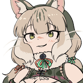 Rule 34 | 1girl, animal ears, blush, breasts, camouflage, cat ears, cat girl, cleavage, elbow gloves, extra ears, gloves, green eyes, grey hair, jacket, jungle cat (kemono friends), kemono friends, kemono friends v project, large breasts, long hair, looking at viewer, mcgunngu, microphone, ribbon, simple background, sleeveless, solo, twintails, upper body, virtual youtuber
