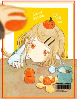 1girl 1other 2025 :t aoshirota blurry blurry_foreground character_name closed_mouth coffee coffee_mug colored_eyelashes commentary_request cup depth_of_field earrings flipped_hair food food_on_head fruit fur-trimmed_jacket fur-trimmed_sleeves fur_trim gakuen_idolmaster hair_ornament hairclip hand_on_table head_on_table head_rest highres holding holding_food idolmaster inset_border jacket jewelry long_hair looking_at_viewer mandarin_orange mug object_on_head orange_eyes out_of_frame parallel_hairclips shinosawa_hiro solo_focus stud_earrings swept_bangs table two-tone_background upper_body watermark white_background yellow_background