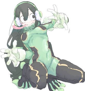1girl absurdres asui_tsuyu black_eyes black_hair black_thighhighs bodysuit boku_no_hero_academia breasts commentary_request covered_navel green_bodysuit hair_between_eyes highres long_hair long_tongue medium_breasts mocamocaink multicolored_bodysuit simple_background solo squatting thighhighs tongue tongue_out two-tone_bodysuit very_long_tongue white_background