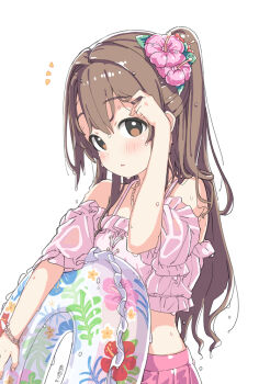 Rule 34 | 1girl, bikini, blush, bracelet, brown hair, commentary request, flower, hair flower, hair ornament, hand up, idolmaster, idolmaster cinderella girls, innertube, jewelry, kuresuku (lessons), long hair, looking at viewer, notice lines, off-shoulder bikini, off shoulder, one side up, open mouth, pink bikini, pink flower, shimamura uzuki, simple background, solo, swim ring, swimsuit, upper body, wet, white background