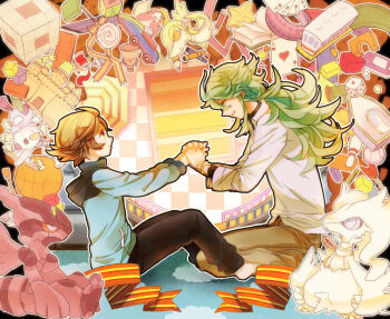 2boys ace_(playing_card) ace_of_diamonds ace_of_hearts alternate_color arrow_(projectile) ball baseball_(object) basketball_(object) black_pants blue_hoodie bracelet brown_hair brown_pants card chess_piece crayon diamond_(shape) dice five_of_clubs from_side fushitasu game_boy_advance game_boy_advance_(original) gen_5_pokemon green_hair handheld_game_console heart hilbert_(pokemon) holding_hands hood hood_down hoodie jewelry king_(chess) legendary_pokemon male_focus matryoshka_doll multiple_boys n_(pokemon) nintendo oshawott pants playing_card pokemon pokemon_(creature) pokemon_bw ponytail puzzle_piece reshiram sand_castle sand_sculpture shiny_pokemon snivy socks ten_of_spades toy_block toy_train two_of_hearts unused_tire white_socks yaoi zekrom