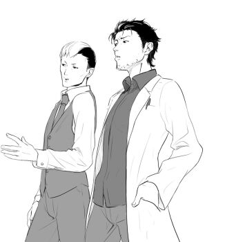Rule 34 | 2boys, beard stubble, black hair, black shirt, collared shirt, confused, dress shirt, facial hair, greyscale, hand in pocket, long sleeves, male focus, monochrome, multiple boys, necktie, no jacket, okabe rintarou, parted lips, robotics;notes, sawada toshiyuki, science adventure, shirt, short hair, simple background, steins;gate, stubble, talking, tetsu10ru, vest, white background, white hair, white shirt