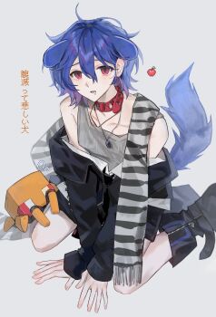 Rule 34 | 1boy, animal collar, animal ears, blue hair, collar, colored inner hair, conch (gundam), dog boy, dog ears, dog tail, drooling, gundam, gundam gquuuuuux, hashtag-only commentary, highres, jacket, jewelry, kemonomimi mode, kneeling, lower eyelashes only, male focus, mouth drool, multicolored hair, necklace, nnnyanrrr, non-humanoid robot, purple hair, red eyes, robot, shirt, short hair, shorts, shuji ito, simple background, solo, tail, two-tone hair, white background