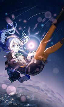 Rule 34 | 1girl, beret, black hat, blue eyes, blue hair, bow, collared shirt, commentary, falling, green ribbon, hat, highres, holding, holding microphone, hololive, hoshimachi suisei, hoshimachi suisei (casual), jacket, lace, lace sleeves, lens flare, long hair, looking at object, microphone, motion lines, nap 34, night, official alternate costume, official alternate hair length, official alternate hairstyle, orange pantyhose, pantyhose, parted lips, quilted jacket, ribbon, shirt, skirt, sky, sleeve bow, solo, space, star (sky), starry sky, virtual youtuber