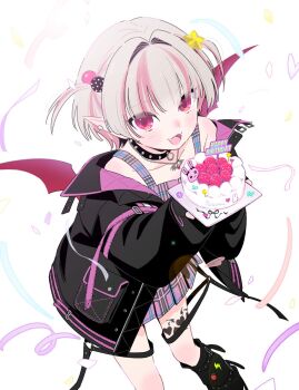 Rule 34 | 1girl, :d, arm belt, bat necklace, belt, birthday cake, black collar, black jacket, black leg warmers, bloom, blunt bangs, blush, cake, chain, chain necklace, collar, collarbone, colored inner hair, commentary request, confetti, crop top, demon wings, earclip, fangs, feet out of frame, food, food print, fruit print, grey hair, hair intakes, hair ornament, highres, holding, holding cake, holding food, jacket, jewelry, leaning forward, leg belt, leg tattoo, leg warmers, lightning bolt print, looking at viewer, loose belt, makaino ririmu, makaino ririmu (6th costume), miniskirt, mopyo, multicolored hair, multicolored hair bobbles, necklace, nijisanji, no headwear, o-ring, o-ring collar, o-ring thigh strap, off shoulder, open clothes, open jacket, open mouth, pendant, pink belt, pink hair, pink jacket, pink skirt, pink streaks, plaid clothes, plaid skirt, pleated skirt, pocket, pointy ears, red eyes, red wings, short hair, skirt, smile, solo, spiked collar, spikes, standing, star (symbol), star hair ornament, strawberry print, streaked hair, tattoo, thigh strap, two-sided fabric, two-sided jacket, two-tone hair, two side up, upturned eyes, virtual youtuber, white background, winged heart, winged heart tattoo, wings, wolf cut