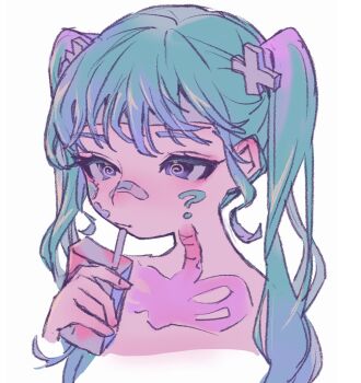 1girl ? @_@ bandaid bandaid_on_face bandaid_on_nose blue_eyes blue_hair chest_tattoo choppy_bangs closed_mouth commentary_request cropped_shoulders drink_carton drinking_straw hair_ornament highres holding holding_juice_box juice_box long_hair looking_ahead okubatomaeba original solo tattoo twintails white_background x_hair_ornament