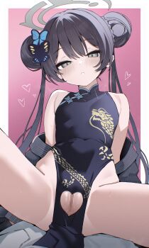 1girl absurdres bare_shoulders black_dress black_hair blue_archive breasts butterfly_hair_ornament censored china_dress chinese_clothes clothing_cutout coat commentary covered_navel crotch_cutout double_bun dragon_print dress grey_coat grey_eyes grey_halo hair_bun hair_ornament halo heart heart_cutout highres izuoku kisaki_(blue_archive) long_hair looking_at_viewer mosaic_censoring off-shoulder_coat off_shoulder parted_lips pelvic_curtain pink_background print_dress pussy simple_background sleeveless sleeveless_dress small_breasts solo spread_legs symbol-only_commentary twintails