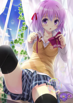 1girl :o black_thighhighs blue_skirt blush bow breasts bubble cleavage cloud collarbone collared_shirt commentary_request day flower hair_ribbon holding holding_bow_(ornament) indoors legs long_sleeves looking_at_viewer medium_breasts medium_hair miniskirt original parted_lips pink_flower plaid_clothes plaid_skirt pleated_skirt purple_eyes purple_flower purple_hair red_ribbon revision ribbon school_uniform shirt sitting skirt sky solo spread_legs sweater_vest takanashi_haruto thighhighs top_of_moe_2013 white_shirt window yellow_sweater_vest