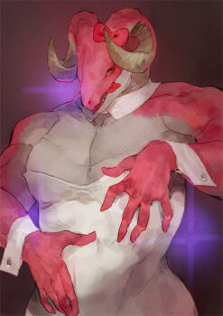 1boy bow brown_background buchou_wa_onee colored_skin crossdressing crossdressing_(mtf) detached_collar dragon_boy falnail_vincent furry furry_male hair_bow hand_on_own_chest hand_on_own_stomach horns leotard long_hair male_focus muscular muscular_male nagabe orange_eyes pink_bow pink_skin simple_background solo sparkle tongue tongue_out upper_body white_leotard wrist_cuffs