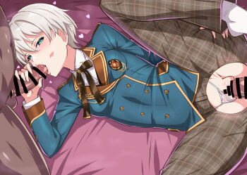 1girl 2boys bar_censor blue_eyes blue_jacket blush bow bowtie breasts brown_bow brown_pants censored clothing_aside collared_shirt corruption double_penetration dress_shirt emblem fellatio gozaru group_sex hair_between_eyes handjob heart hetero highres jacket long_sleeves looking_at_viewer lying medium_breasts micro_panties mmf_threesome multiple_boys nijisanji nijisanji_kr oh_jiyu on_back oral panties panties_aside pants penis plaid_clothes plaid_pants pussy pussy_juice reverse_trap saliva sex shirt short_hair socks solo_focus spitroast spread_legs threesome torn_clothes torn_pants underwear vaginal virtual_youtuber white_panties white_shirt white_socks wing_collar